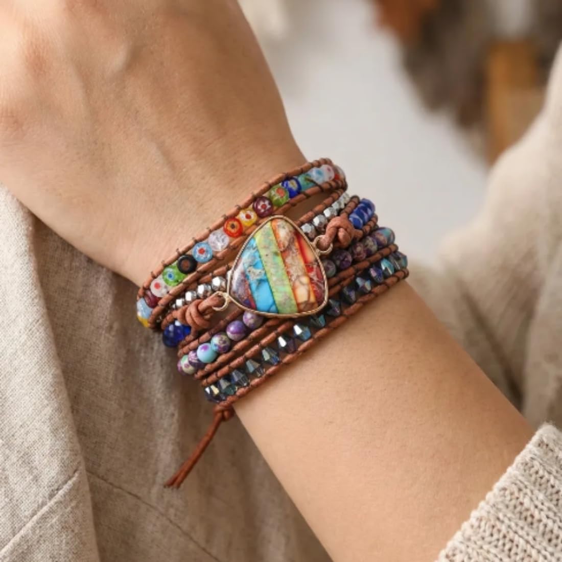 YGLINE Imperial Jasper Chakra Bracelet Wrap Leather Healing Natural Stones Jewelry