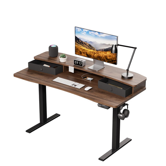 HUANUO 55" x 26" Electric Standing Desk with 2 Drawers, C-Clamp Mount Compatible, Height Adjustable Computer Desk, Home Office Stand Up Desk with 4 Preset Heights & 2 Hooks, Walnut