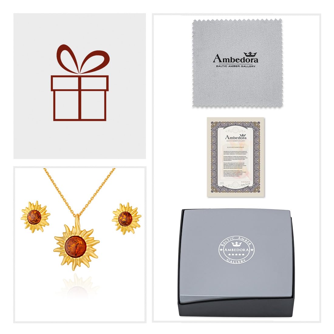 AMBEDORA Women's Jewellery Set Little Sun, Gold Plated Sterling Silver, Baltic Amber in Cognac Colour, Gold Plated Pendant on Chain and Earrings