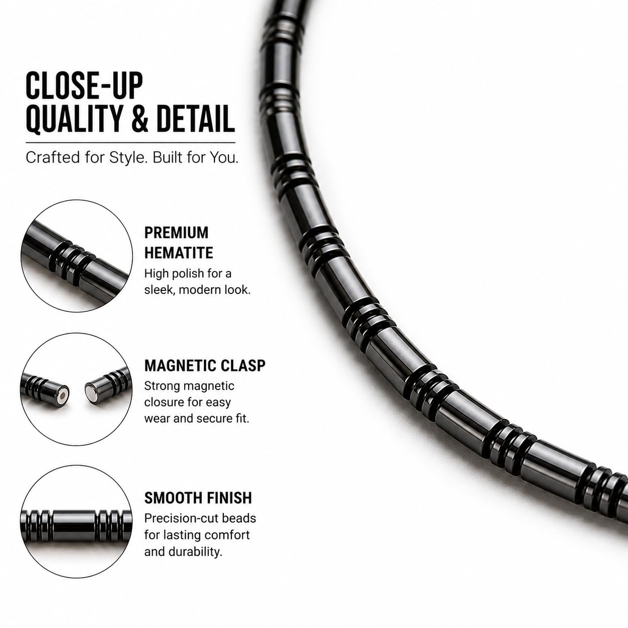Accents Kingdom Men's Magnetic Hematite Cylindrical Bead Bracelet, 7.5"