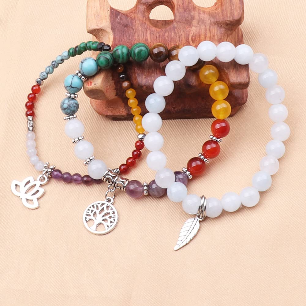UEUC Natural Gemstone Chakra Bracelets for Women, Multilayer Tree of Life Lotus Crystal Healing Stone Bracelet Sets, Yoga Meditation Reiki Relax Bracelets for Stress Relief(#82)