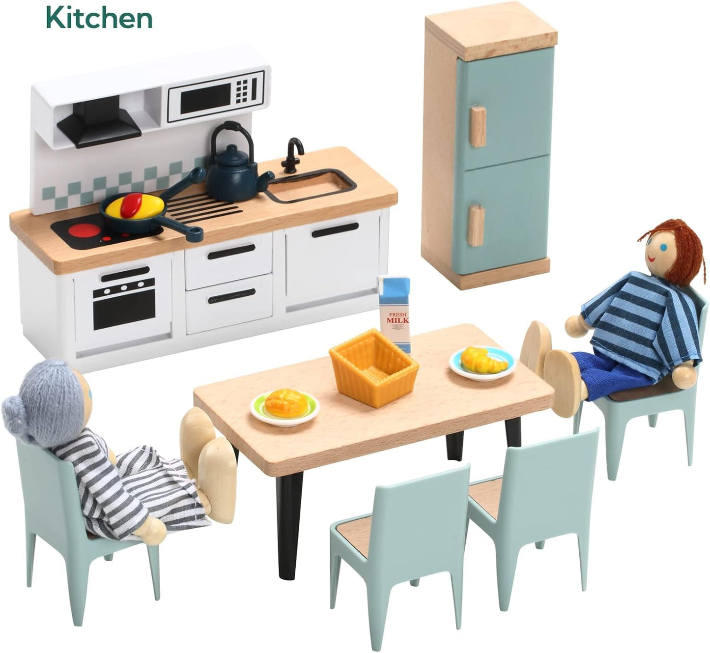 Giant bean 36pcs Wooden Dollhouse Furniture Set 5 Rooms 4 Family Dolls, Wood and Plastic Blue Dollhouse Accessories, Pretend Play Furniture Toys Christmas Birthday Gift for Boys Girls Kids Toddlers 3+