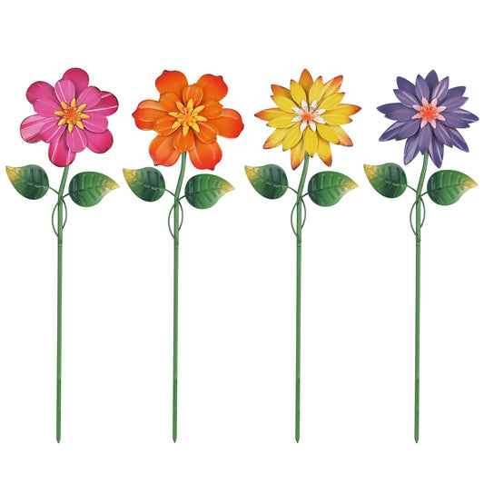hogardeck Metal Flower Decorative Garden Stakes,4 Pcs 19" Outdoor Garden Decor with Shaking Flower Head Yard Stakes, Yard Art Spring Decorations for Patio Lawn (Pink & Yellow & Purple & Orange)