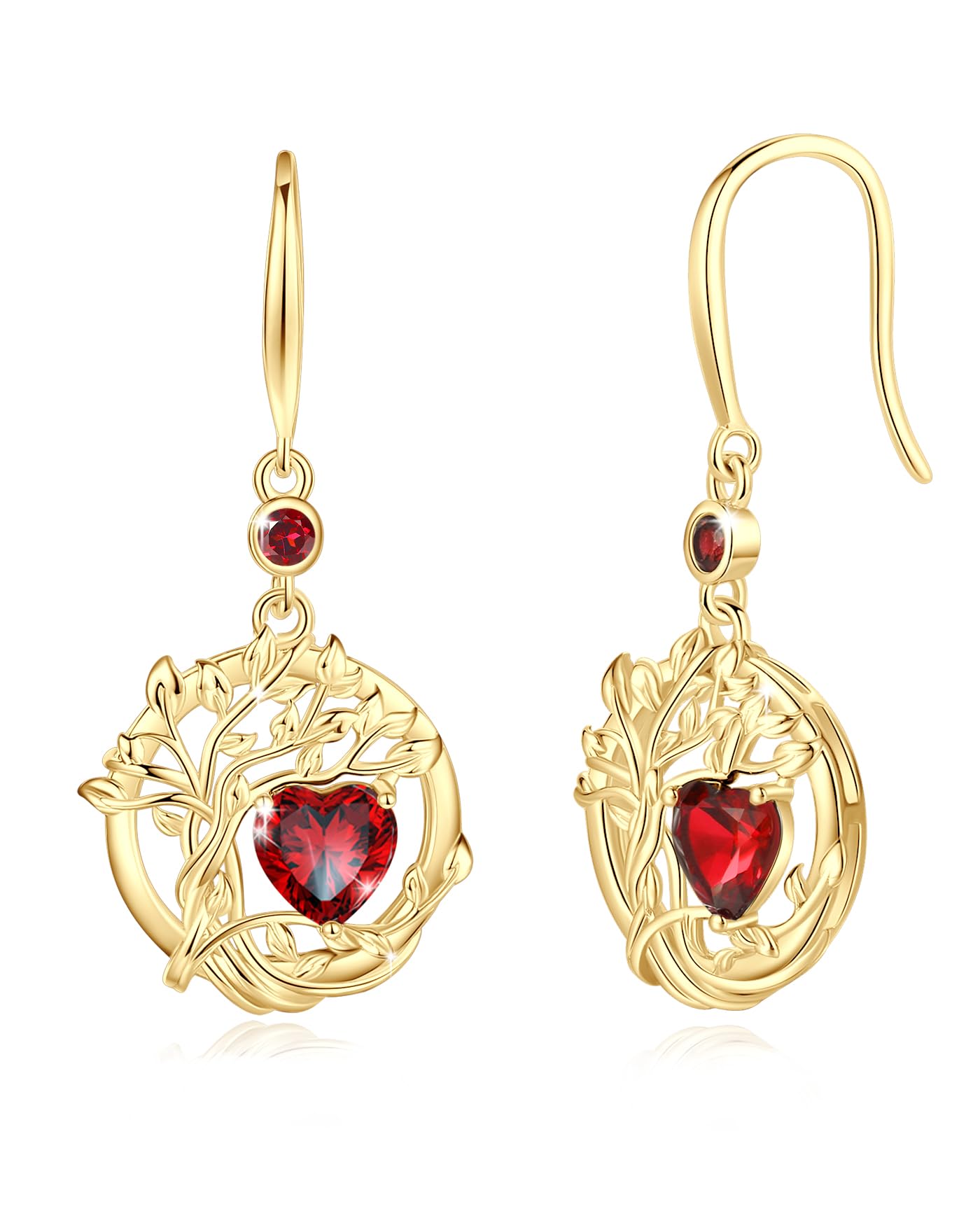 FANCIME Tree of Life Earrings 925 Sterling Silver Yellow Gold Plated Garnet Dangle Drop Gemstone Earring January Birthstone Fine Jewelry Birthday Mothers Day Gifts for Women Her