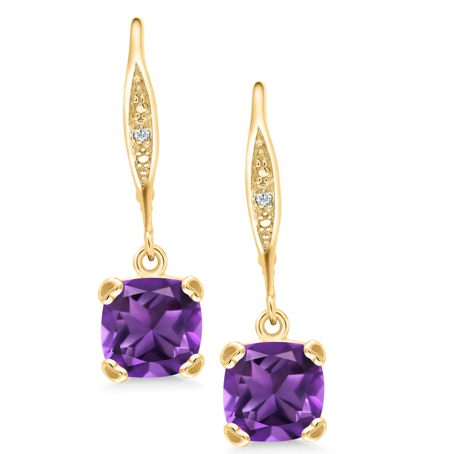 Gem Stone King Drop Dangle Earrings For Women | 7MM Cushion Cut Gemstone Birthstone and Diamond | 925 Sterling Silver | Jewelry Gift for Mom Wife Her | Amethyst-February | Yellow Gold