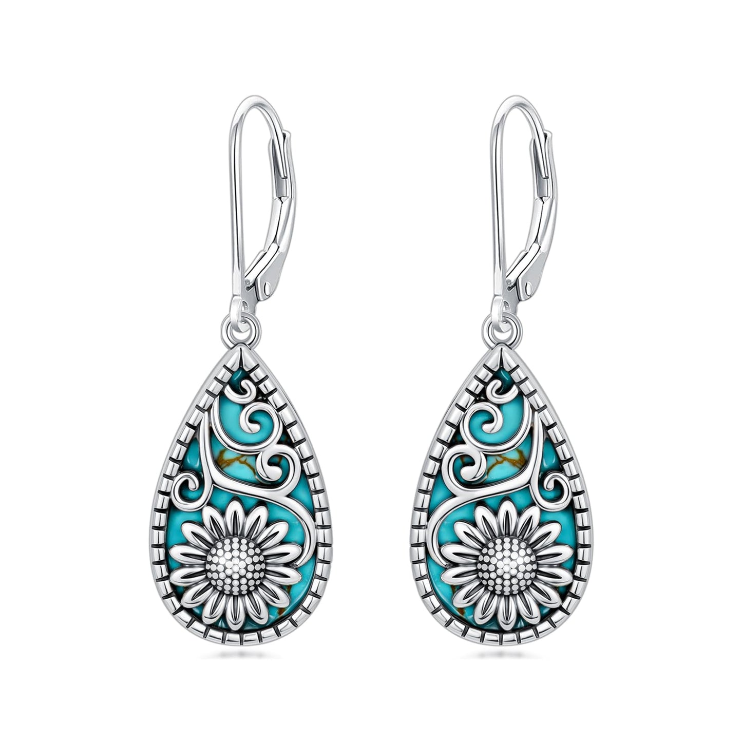 Eetaitai Turquoise Sunflower Earrings for Women 925 Sterling Silver Turquoise Dangle Drop Leverback Earrings Vintage Western Jewelry Mothers Day Gifts for Mom Wife Sister