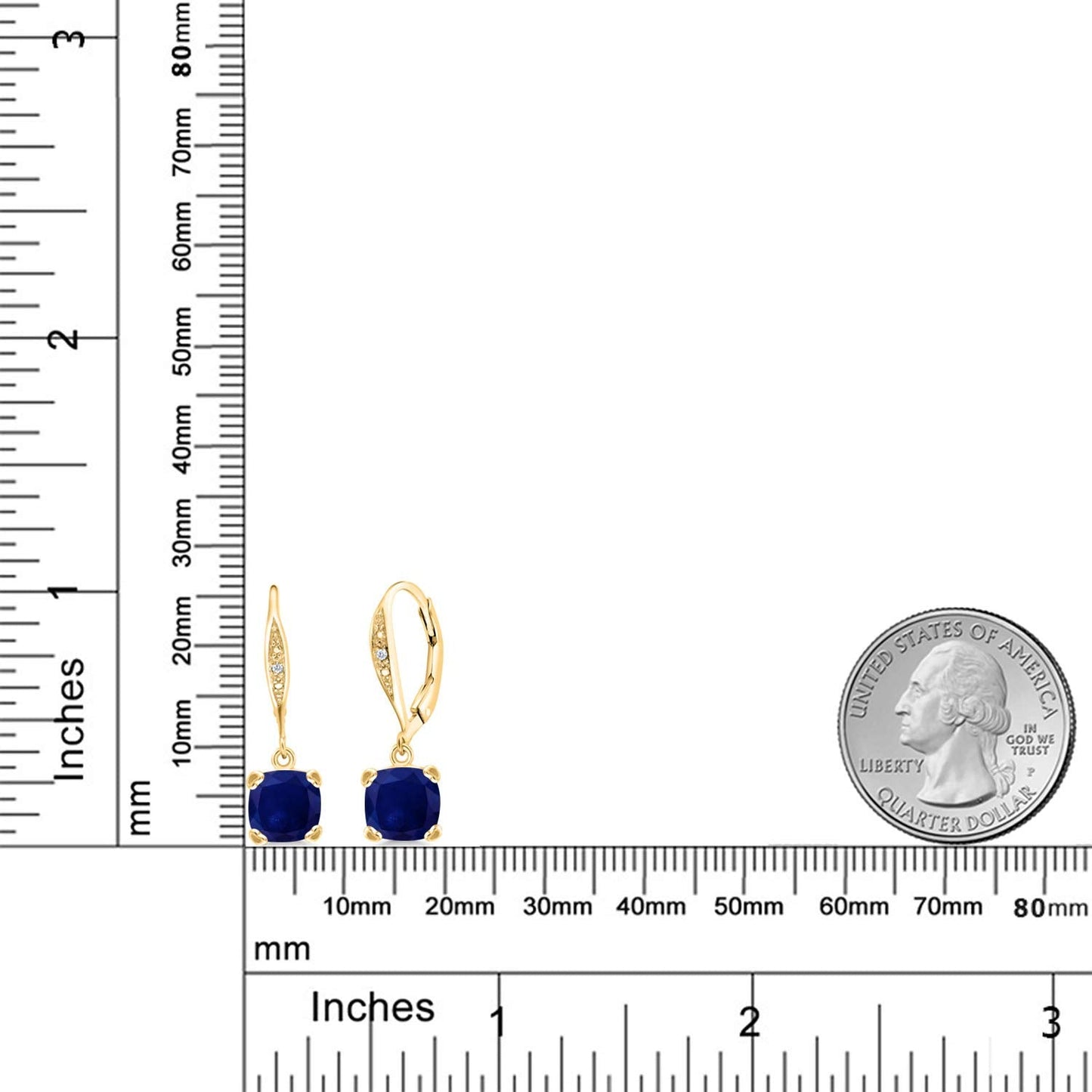 Gem Stone King Drop Dangle Earrings For Women | 7MM Cushion Cut Gemstone Birthstone and Diamond | 925 Sterling Silver | Jewelry Gift for Mom Wife Her | Blue Sapphire-September | Yellow Gold