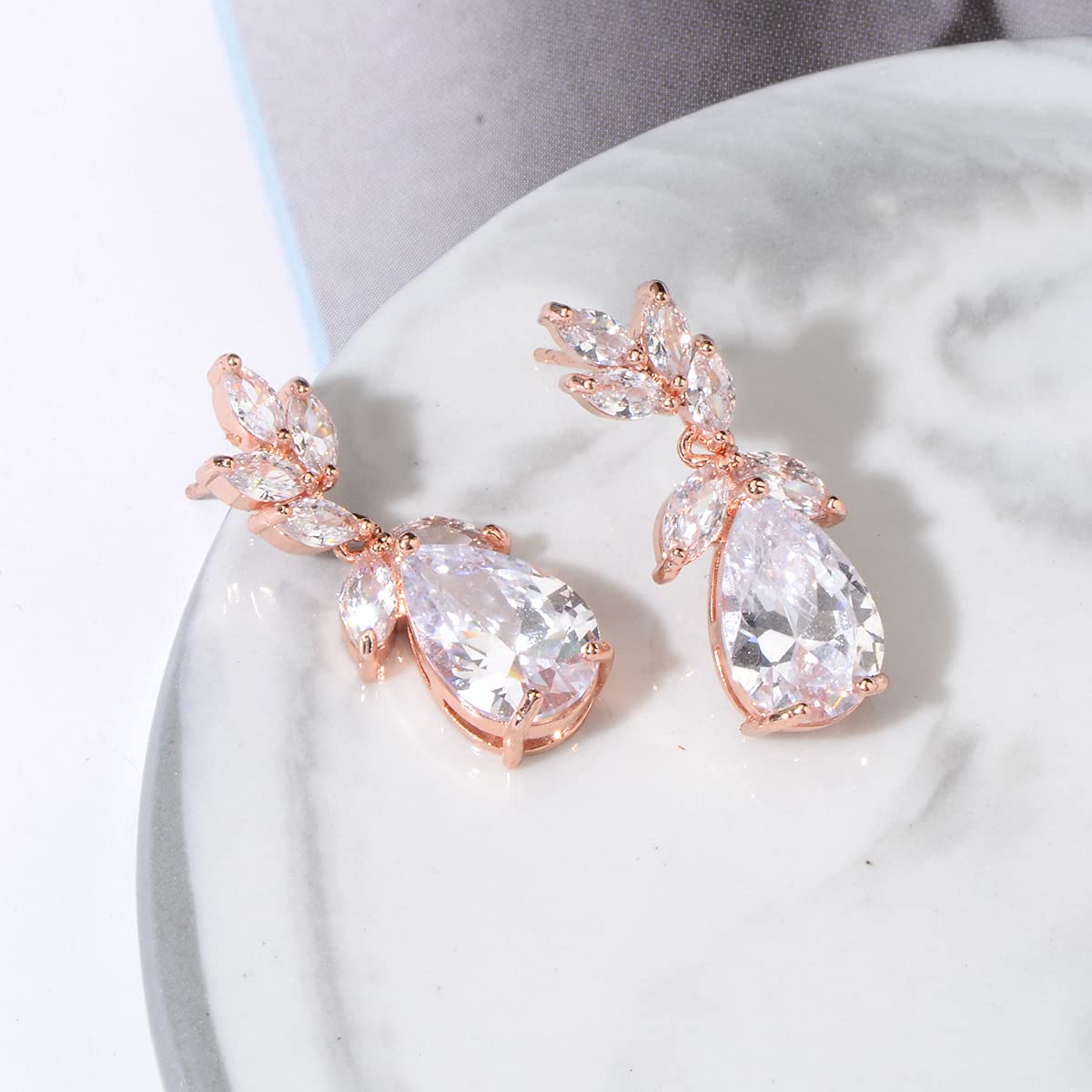 Cubic Zirconia Bridal Earring Rose Gold - Women’s Teardrop CZ Cluster Floral Leaf Crystal Rhinestone Dangle Drop Earring for Bride Bridesmaids Mother of Bride Party Prom
