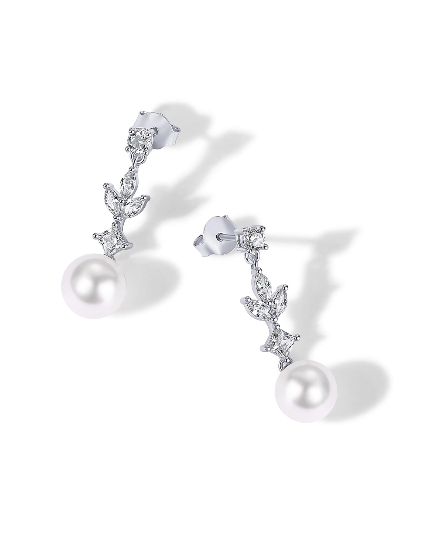 PAVOI Rhodium Plated Pearl Drop Earrings for Women - 925 Sterling Silver Posts Large Dangle Pearl Wedding Earrings for Brides & Bridesmaids - Cubic Zirconia Crystal Linear Bridal Jewelry Gifts