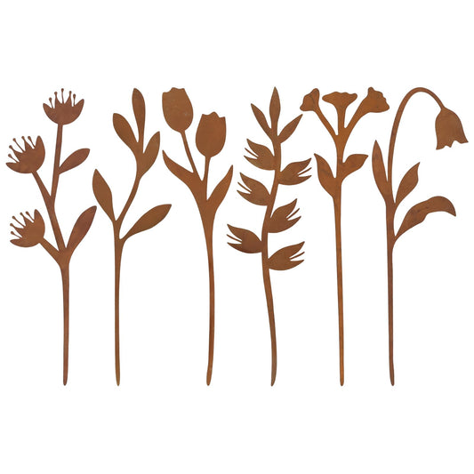 hogardeck Garden Decor for Outside, 6 Pcs Rusty Metal Flower Garden Stakes with Fern Leaf Design for Outdoor Yard Art, Rustic Plant Stakes for Flower Bed, Pot, Vase