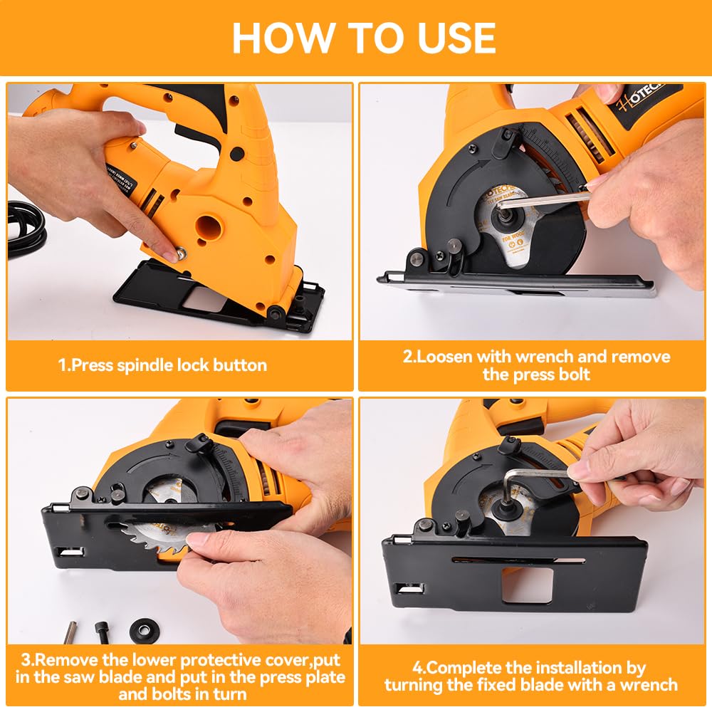Hoteche 3-3/8-Inch Mini Circular Saw 5A Multifunctional Portable Saw with 3pcs Blades for Metal, Wood and Tile Cutting