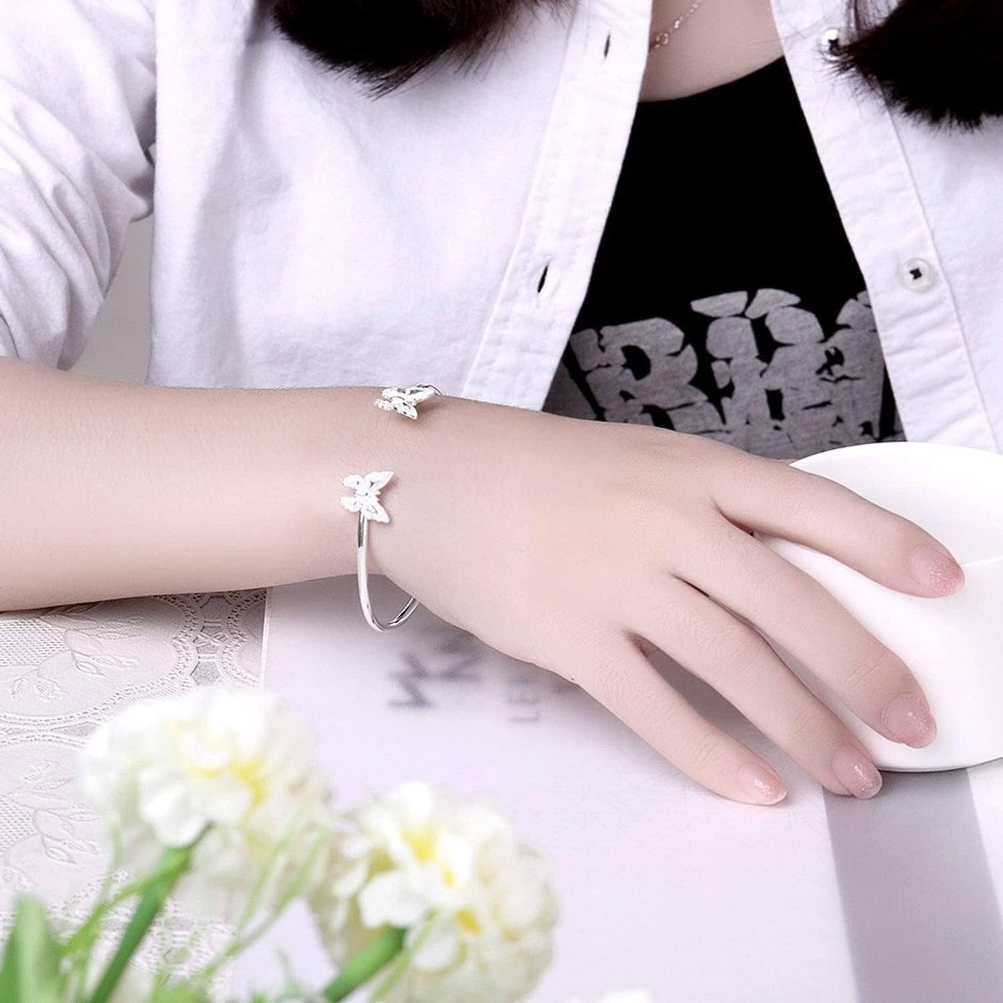 Handmade 925 Sterling Silver Butterfly Bangle Bracelet Open Adjustable Cute Butterfly Cuff Bracelet Minimalist Silver Bangle Boho Classic Bracelet Trendy Jewelry for Women Teen Girls Birthday Gifts