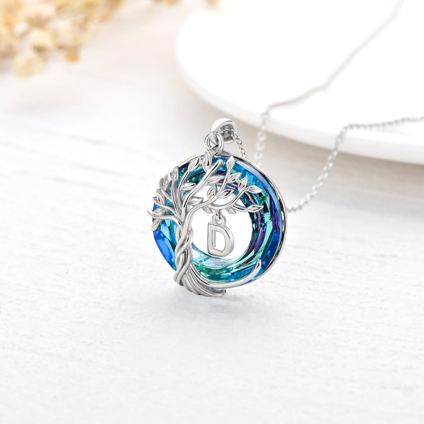 TOUPOP Tree of Life Initial Necklace Gifts for Women Sterling Silver Initial D Letter Jewelry Irish Crystal Pendant Birthday Gifts for Women Her Mom Wife Daughter