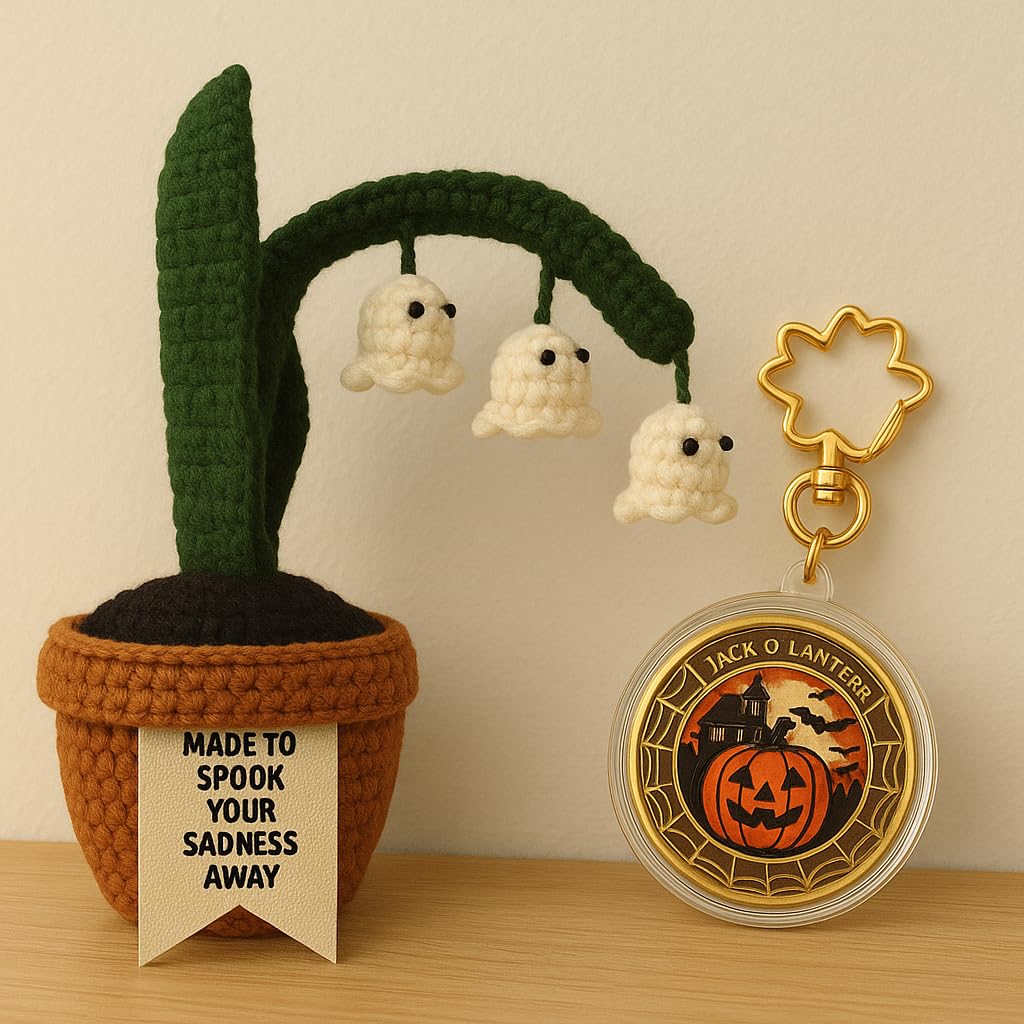 Acecare Halloween Crochet Ghost Lily of The Valley in Pot | Handmade Amigurumi Creepy Plant Decoration | Spooky Table Ornament, Trick or Treat Gift with Pumpkin Commemorative Coin