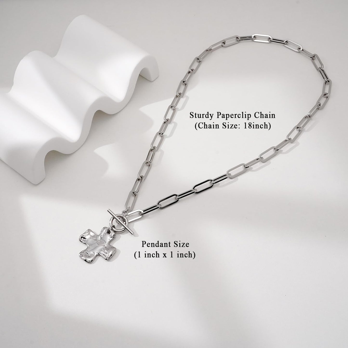 Bheop Chunky Cross Necklace for Women Trendy Silver Plated Statement Cross Pendant Charm Necklace Toggle Clasp Long Big Paperclip Faith Chain Costume Jewelry Gift Non Tarnish 2.5CM