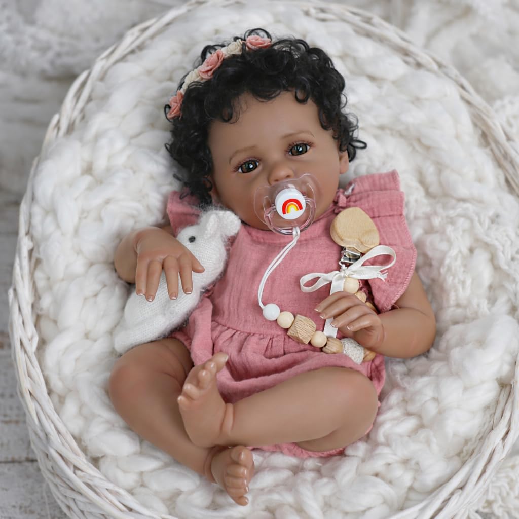 SCOM 18 Inch Reborn Baby Doll Black Girl - Realistic African American Newborn Girl Dolls, Real Lifelike Dolls with Soft Weighted Body, Poseable Real Baby Reborn Gift Toy for 3+ Years Old Kids