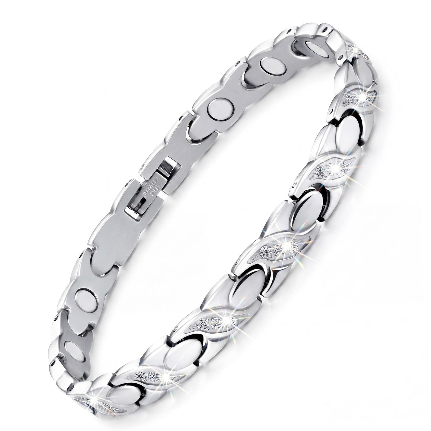 Feraco Magnetic Bracelets for Women Titanium Steel Bracelet with Ultra Strength Magnets & Sparkling Crystals Gifts for Women (Silver)