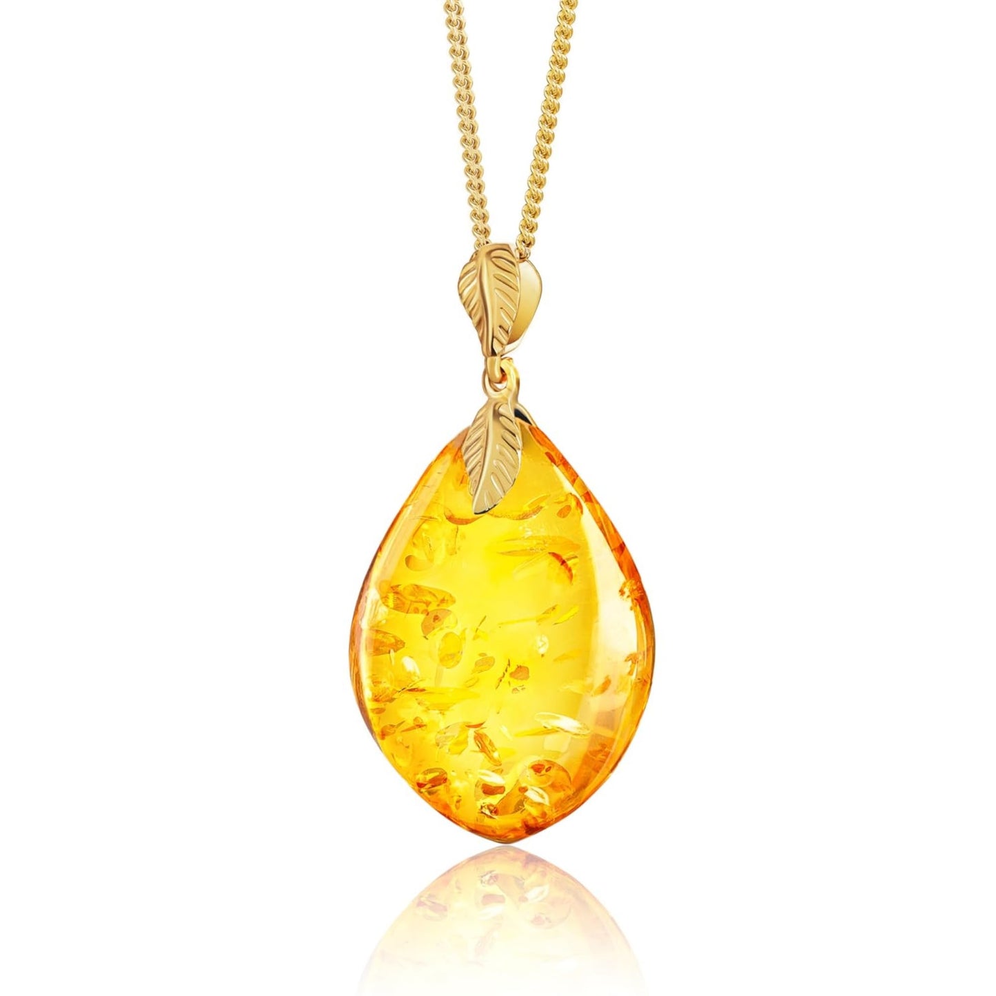 Amber by Mazukna - Baltic Amber Pendant for Women, Sparkling Amber Drop, Gold Plated Sterling Silver ag925 18inch Necklace - Cognac Color Jewelry for Ladies