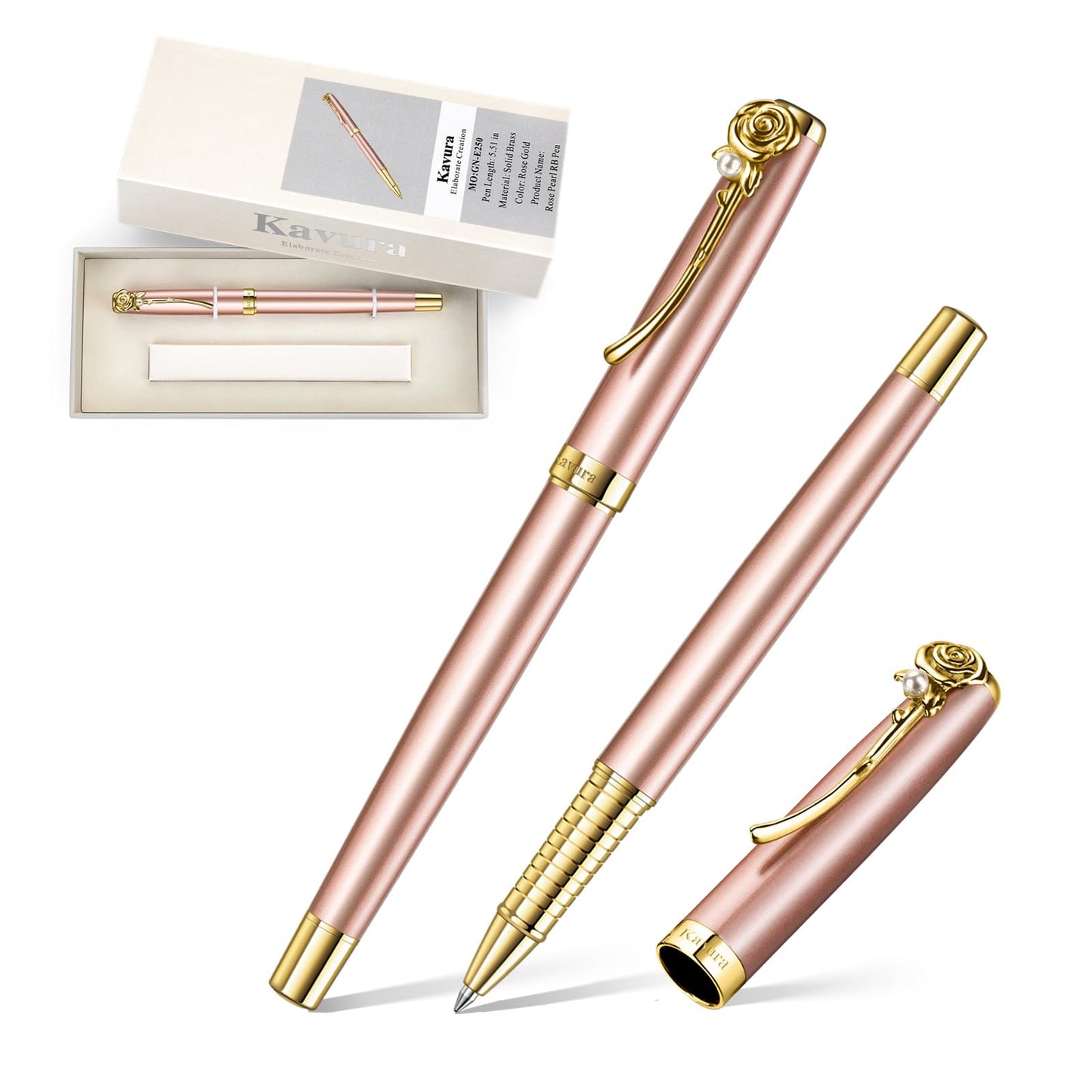 Kavura Rose & Pearl Rollerball Pen – Luxury Brass Pen Gift Set for Women, Jewelry-Inspired Design, Glossy Finish, with German Refill, Romantic Gift for Her, Anniversary & Valentine’s Day (Rose Gold)