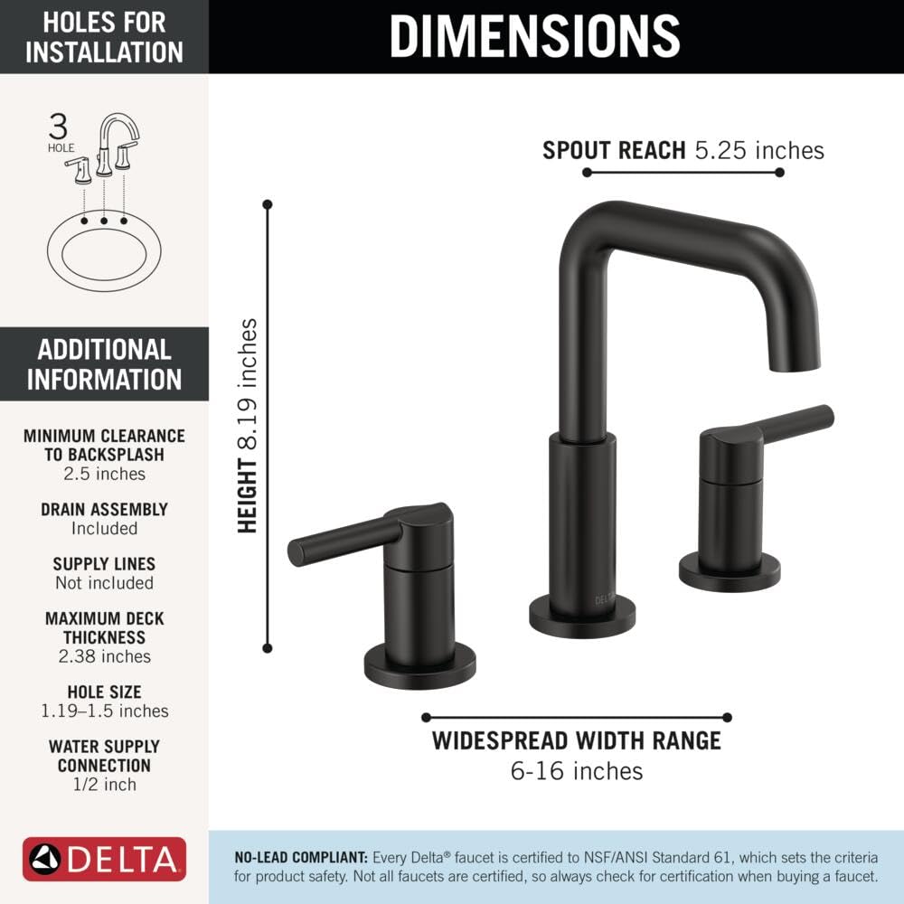 Delta Faucet Nicoli Widespread Bathroom Faucet 3 Hole, Matte Black Bathroom Faucet, Bathroom Sink Faucet, Drain Assembly, Matte Black 35849LF-BL