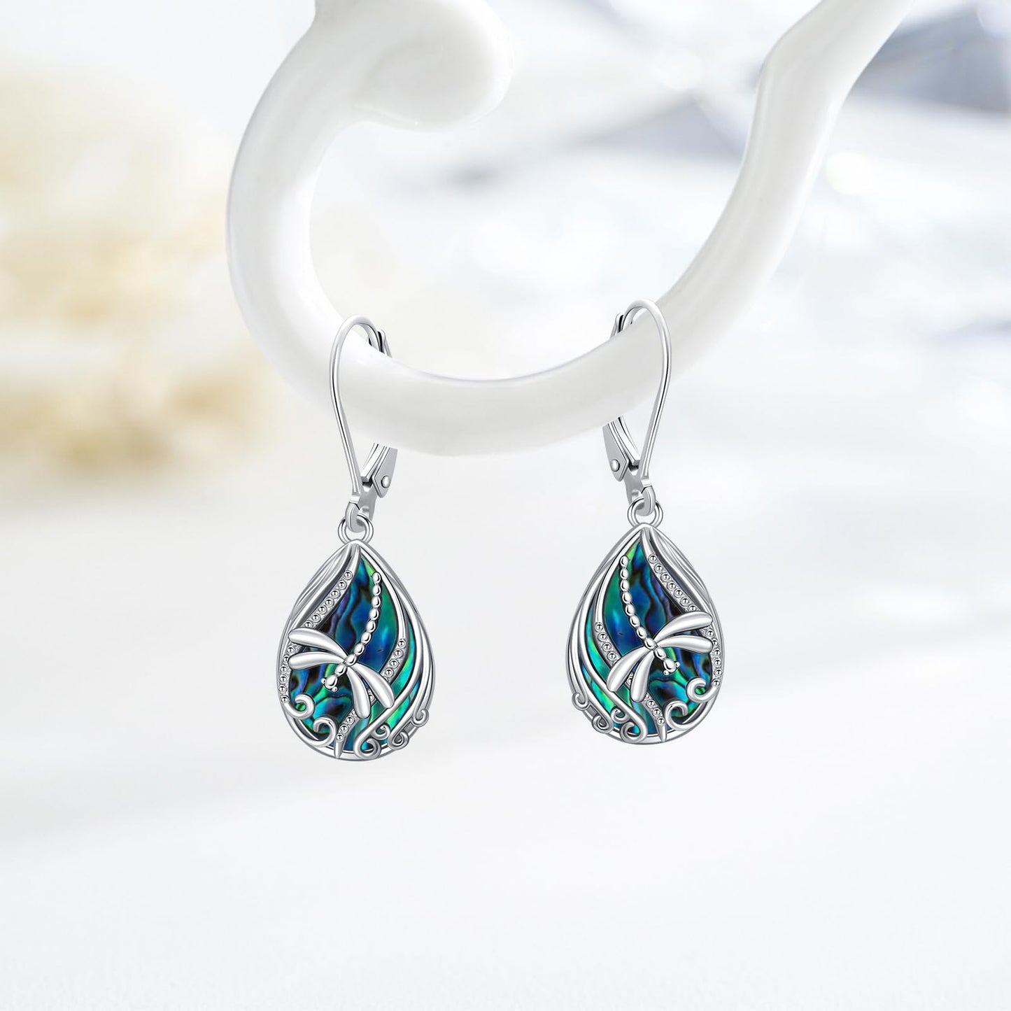 YYmqmq Dragonfly Earrings for Women 925 Sterling Silver Abalone Dragonfly Dangle Earrings Leverback Filigree Jewelry Gifts for Women Girlfriend Mom Birthday Gifts