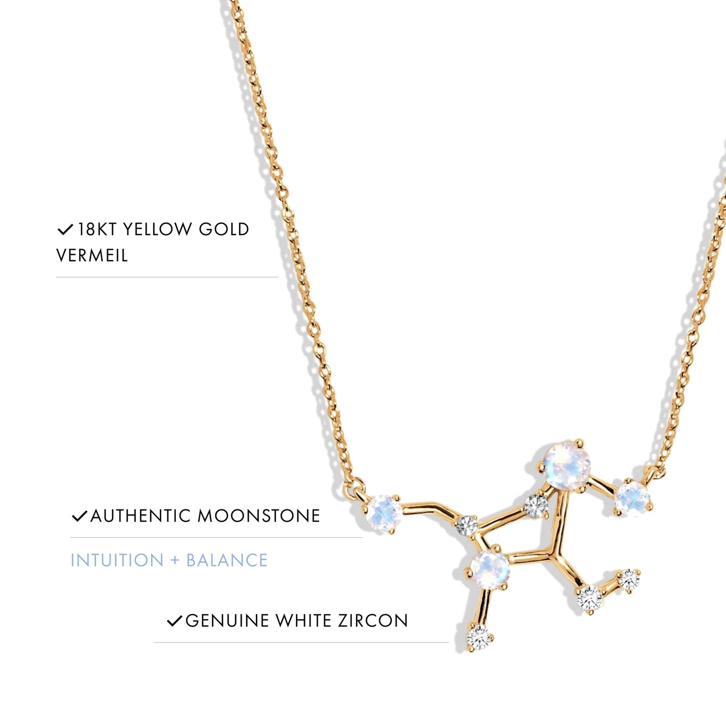 Moon Magic Moonstone Necklace - Virgo Zodiac Constellation / 925 Sterling Silver - 18k Rose Gold - Yellow Gold Rainbow Moonstone Necklaces for Women/Authentic Rainbow Crystal Jewelry