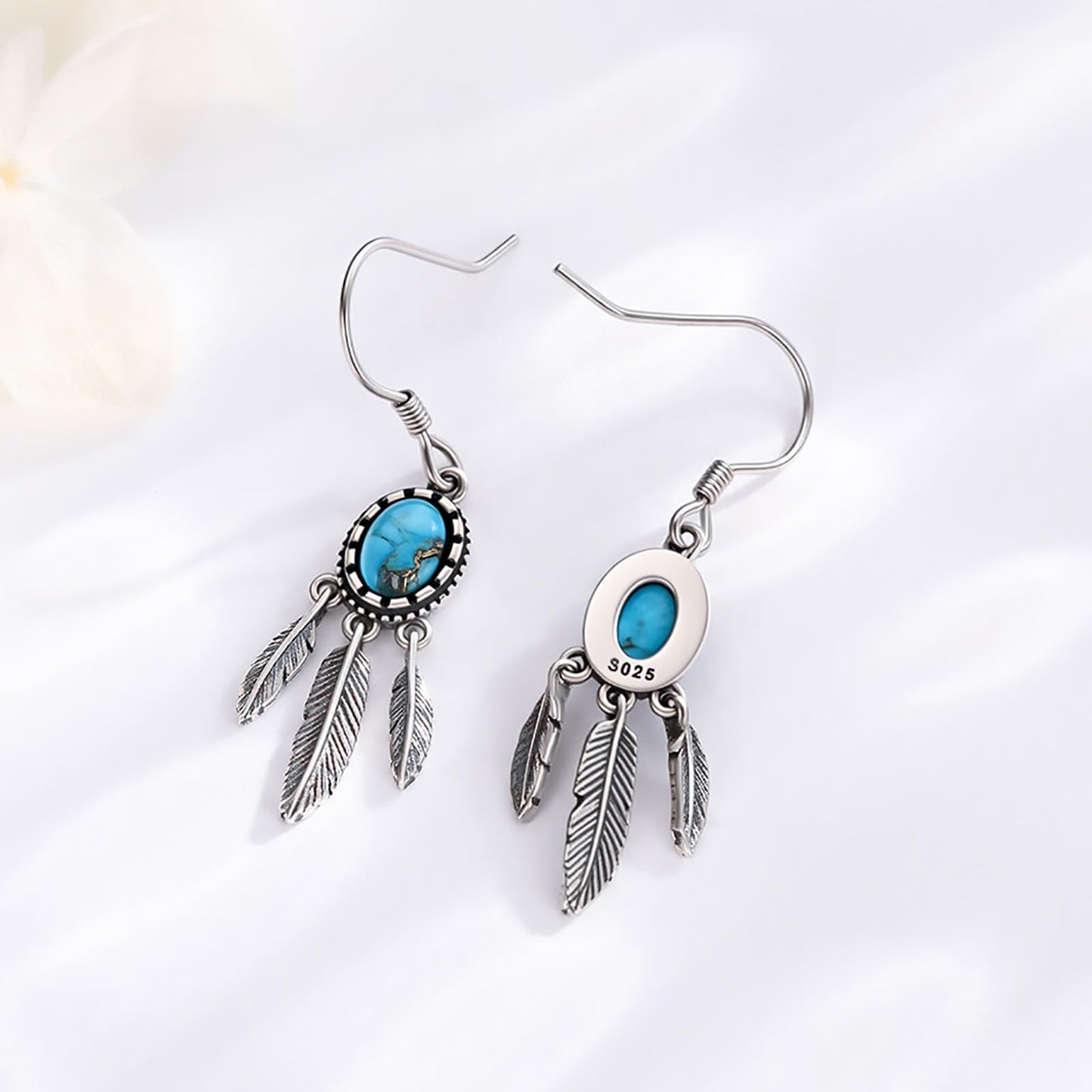 Eetaitai Dream Catcher Dangle Earrings for Women 925 Sterling Silver Natural Turquoise Feather Drop Earrings Native American Jewelry Western Jewelry Gifts for Mom Wife Sister