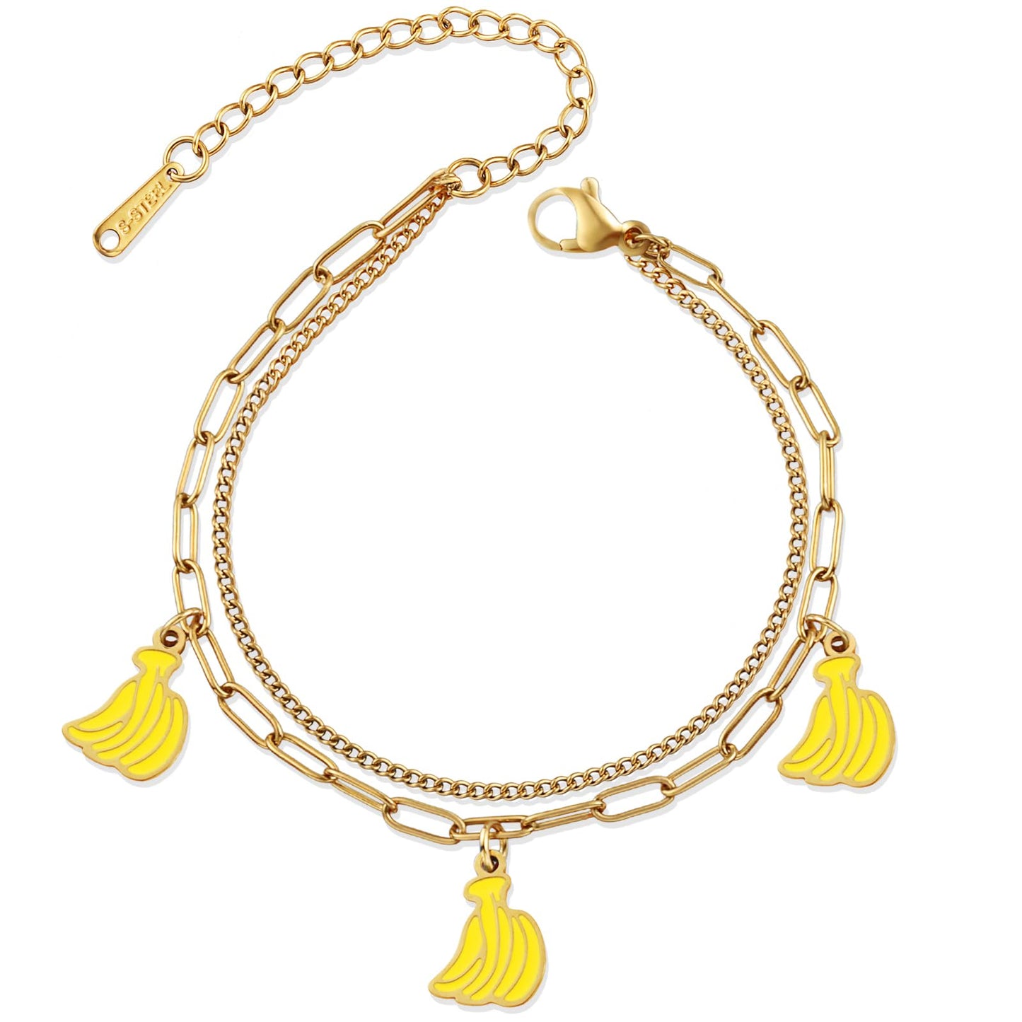 LCTrusttmor Gahna Banana Bracelets for Women, 18K Gold Plated Banana Fruit Charms with Adjustable Layered Chain Link for Women Summer Jewelry Gifts