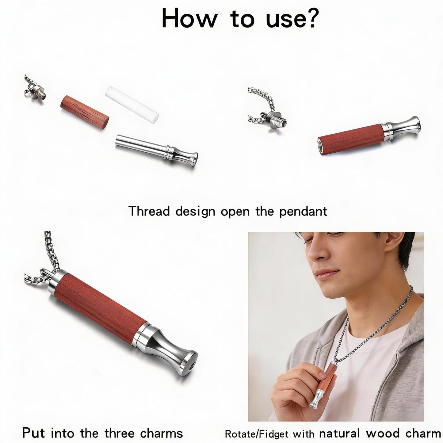 BOLAGTIER Mindful Breathing Necklace: Natural Wood Fidget Charm for Anxiety Relief & Quit Smoking Aid, Stainless Steel Sensory Pendant to Calm Your Mind (Steel)