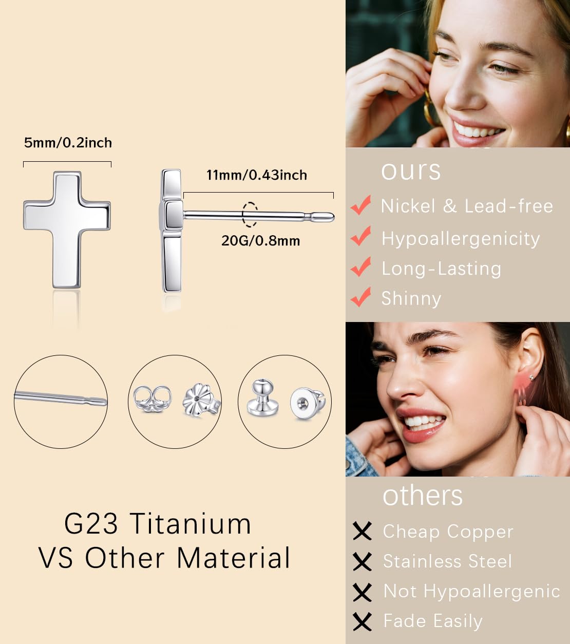 Limerencia Titanium Stud Earrings - Hypoallergenic Earrings for Women Men Sensitive Ears - Minimalist Jewelry Flatback Cross Bolt Cartilage Earrings,Gold Tone