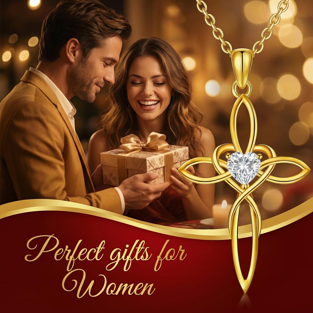 POIUY Celtic Knot Cross Birthstone Necklace for Women Irish Infinity 14K Gold Heart Pendant Cross Jewelry Anniversary Valentines Birthday Mothers Day Gifts for Mom Wife Her