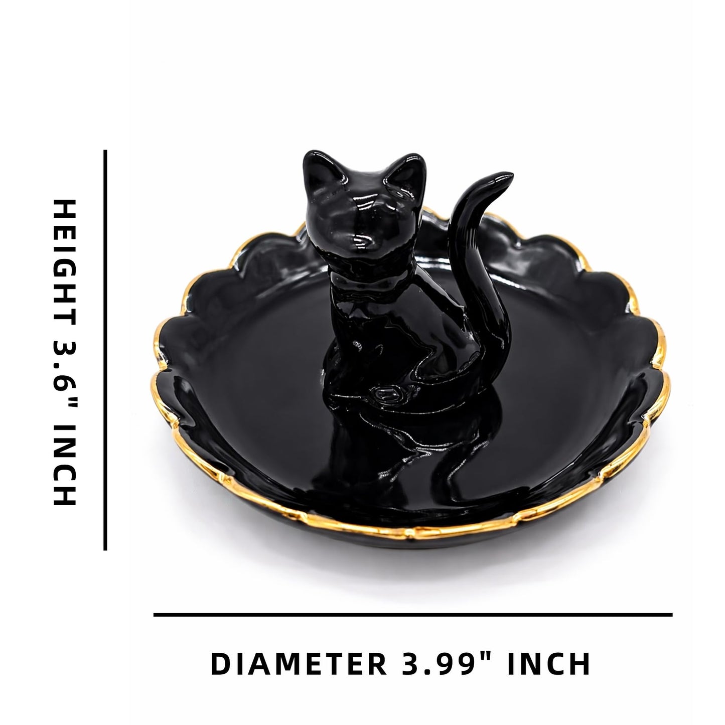 ROSA&ROSE Cat Ring Holder Trinket Tray Ceramic Jewelry Dish Porcelain Ring Organizer,Gift for Women,Girlfriend,Wife,Birthday or Anniversary(Black bow)