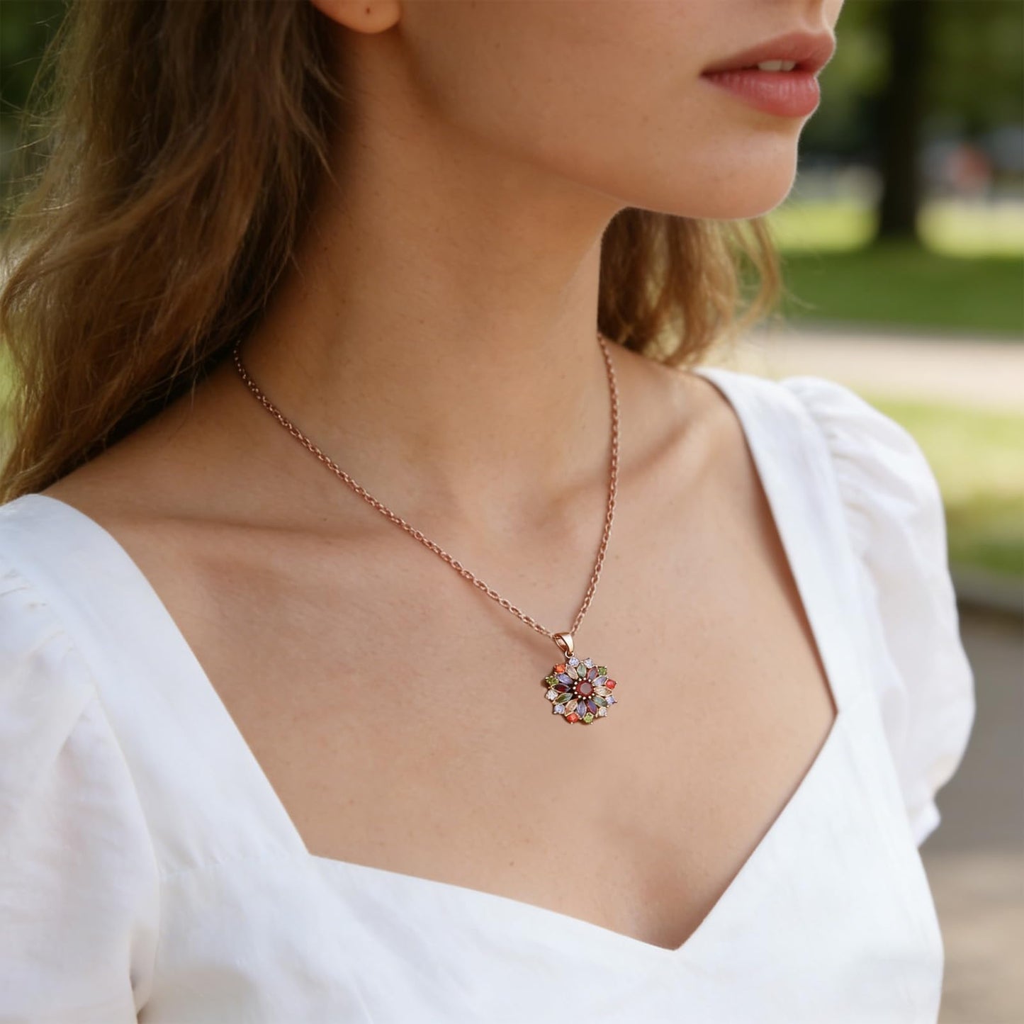 Kim Carrey Italian Elegant Rose Gold Necklace for Ladies | 18K Rose Gold Plated Necklace Pendant for Women | Gemstone necklace, Gift for Daughter, Wife, Mom, Her Jewelry (Colorful flowers)