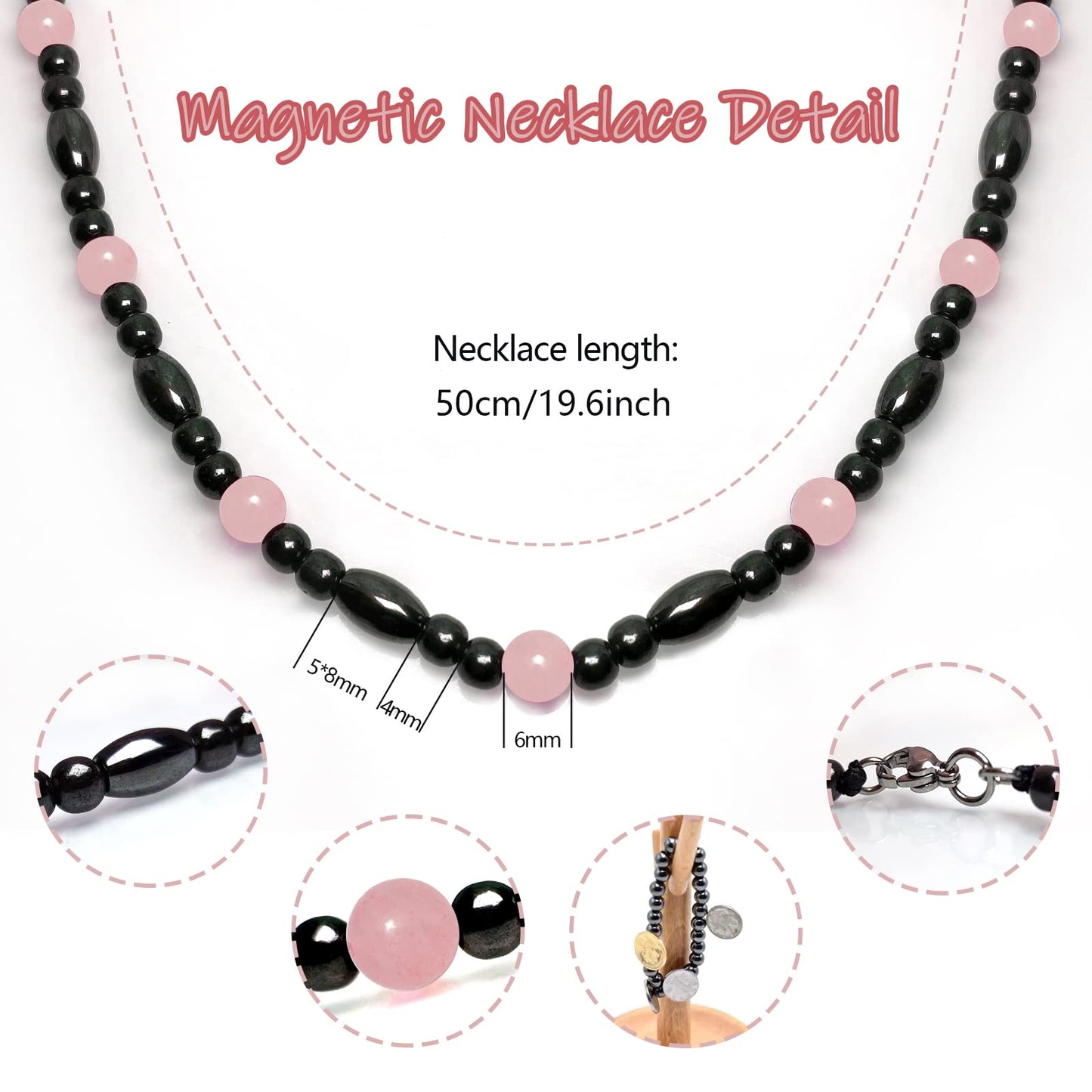 Hion Magnetic Black Obsidian & Rose Quartz Necklace for Women Men, Natural Wellness Jewelry for Daily Comfort & Relaxation
