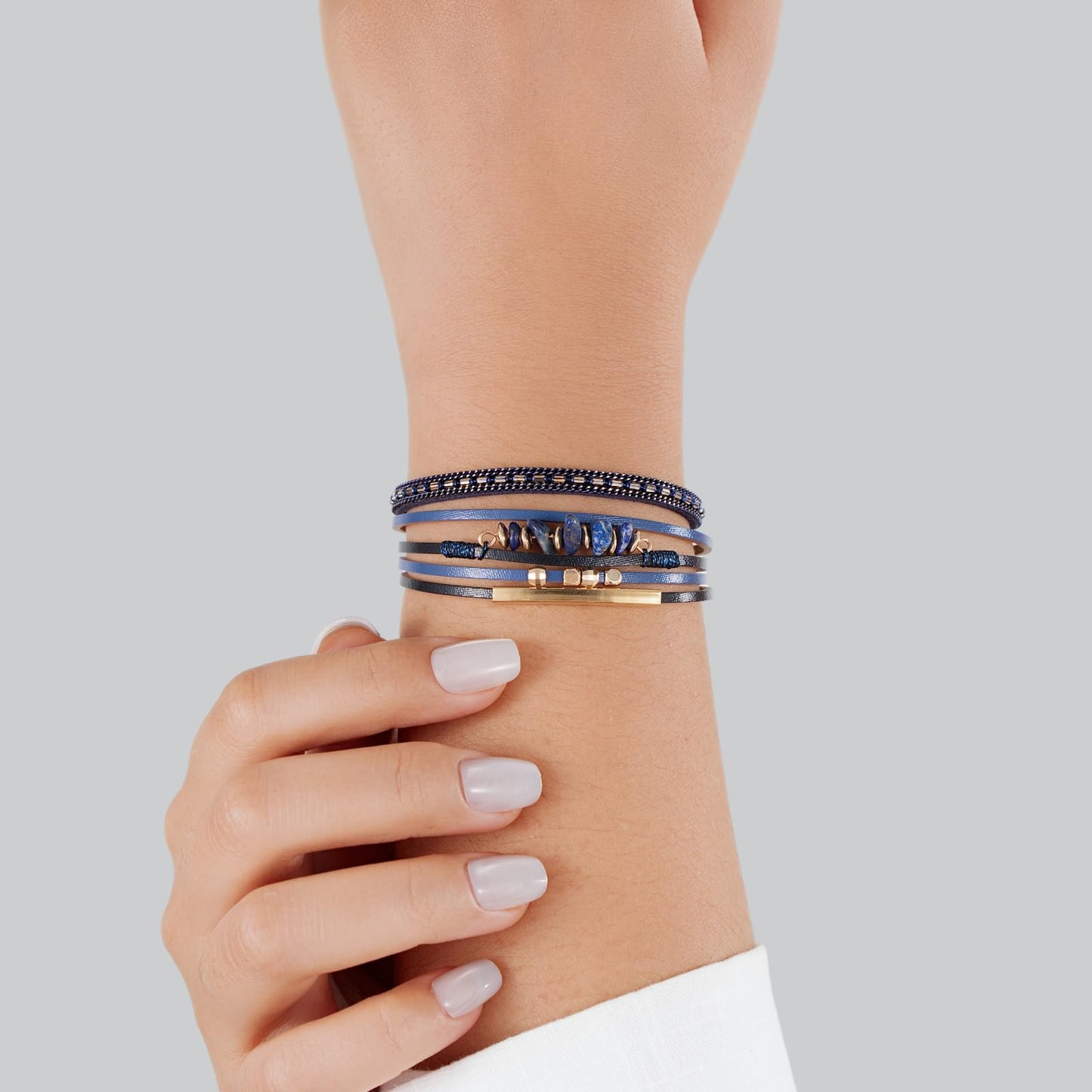 Becklynn Boho Gemstone Beaded Leather Wrap Bracelets Stackable Chunky Cuff Bracelet Western Jewelry Hippie Cowgirl Cowboy Accessories Country Concert Outfits for Women(Navy Blue)