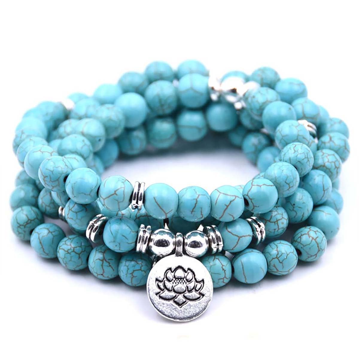 oasymala 108 Mala Beads Bracelet Necklace - Gemstone Prayer Beads with Lotus Charm for Meditation & Yoga (Turquoise)