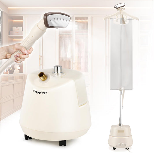 Hapyvergo Standing Garment Steamer with Ironing Pad, 2200W Steamer for Clothes, 3L Tank, 70-Min Continuous Steam, 40s Fast Heating, Adjustable Height, Drain Port Design, Universal Wheels, White