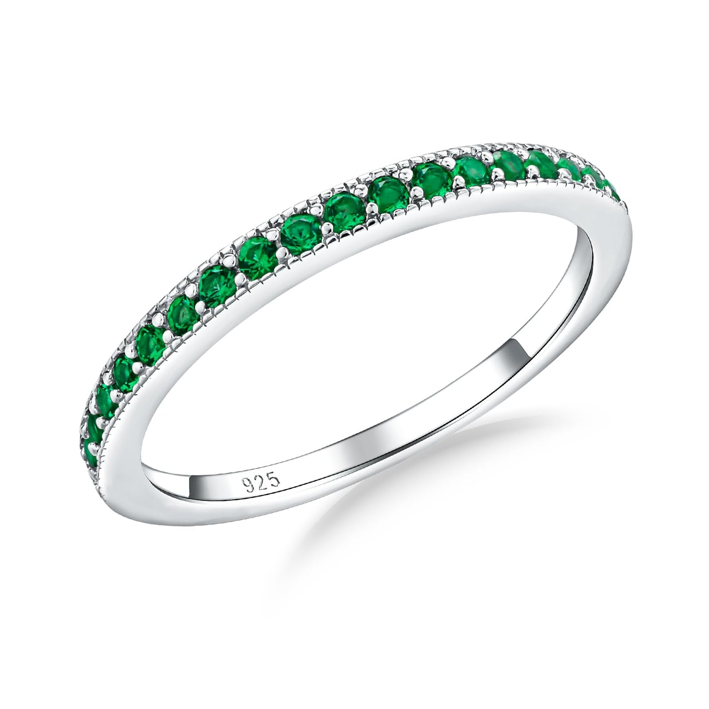 AGRULE Bezel Set Emerald Birthstone Ring 0.3 Cttw Wedding Band for Men Women White Gold Plated Sterling Silver Green Stone Half Eternity Band Rings, Size 9
