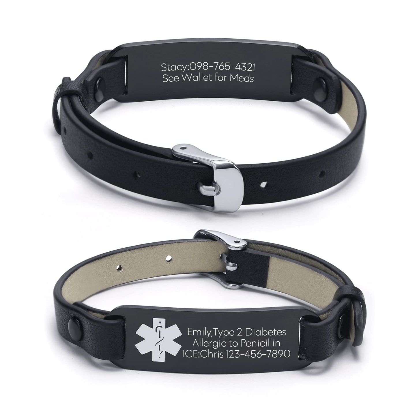 VNOX Medical Alert Bracelets for Men Women with Free Engraving Adjustable Leather Emergency Medical ID Bracelets Wristband,Black