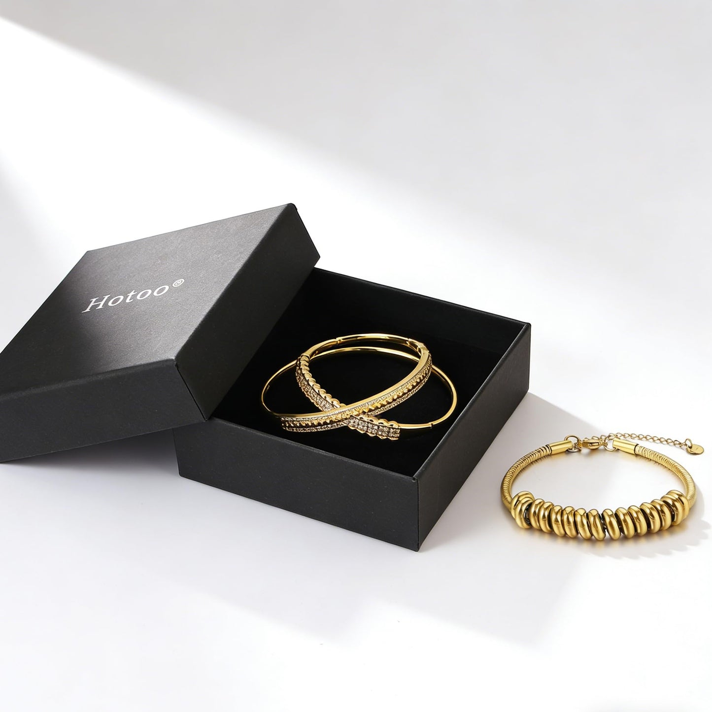 hotoo Gold Stackable Bangle Bracelets For Women 18K Gold Plated Beads Chain Bracelets Stainless Steel Bangle Bracelets Set Cubic Zirconia For Birthday Christmas Trendy Jewelry Gifts,3PCS