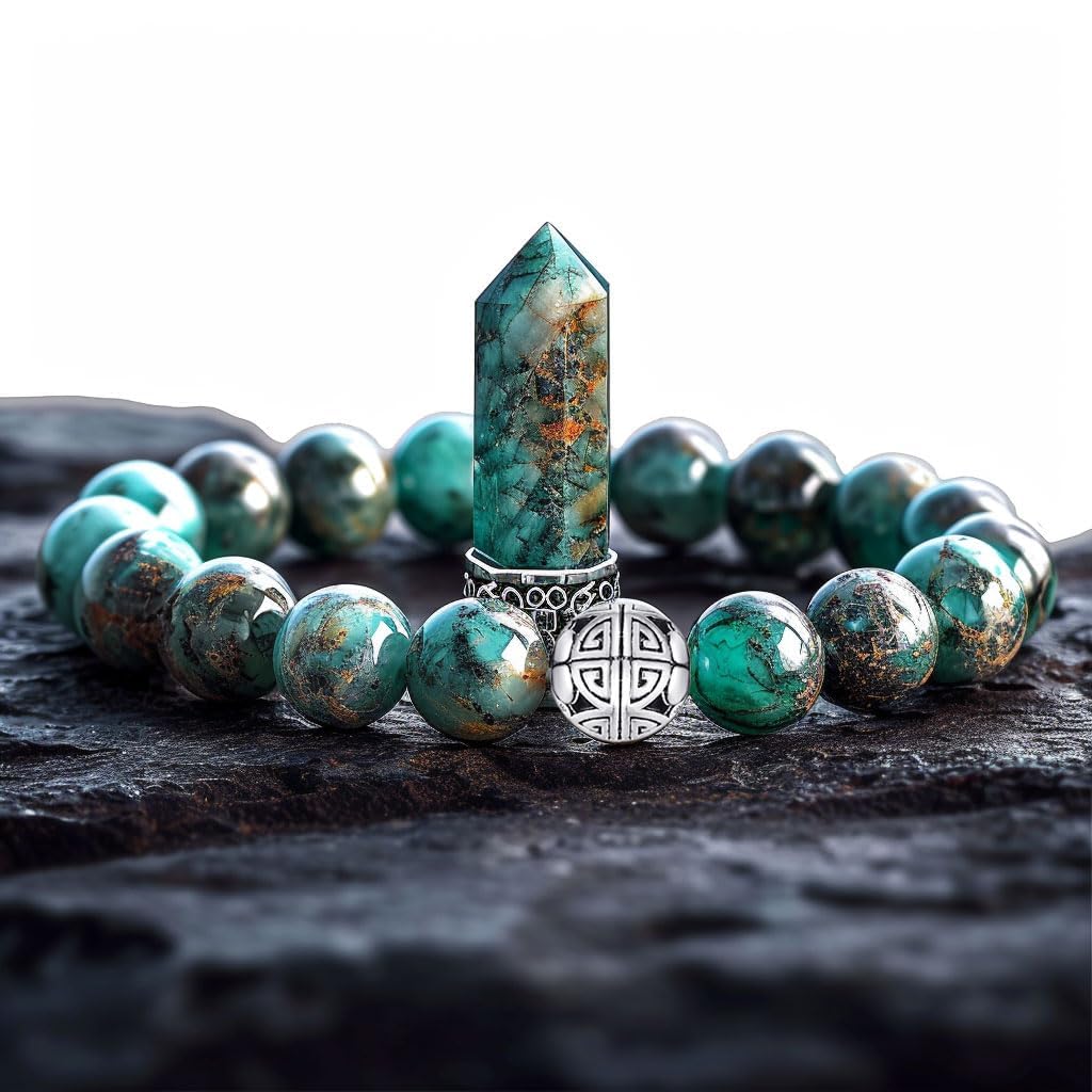 MetJakt Healing Crystals Beaded Bracelets for Womens Natural Gemstone 8mm Beads Stretch Bracelets with 925 Sterling Silver Double Happiness Pendant (African Turquoise AAAAA+)