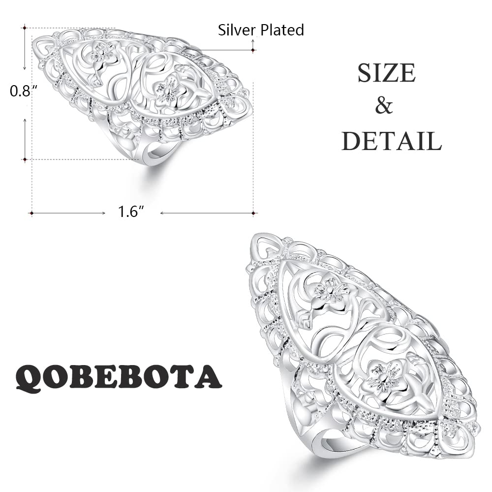 QOBEBOTA Silver Rings for Women Summer Boho Rings Big Thumb Ring Trendy Full Finger Rings Wide Band Womens Rings for Cocktail Party Birthday Gifts Size 9 Statement Rings for Women