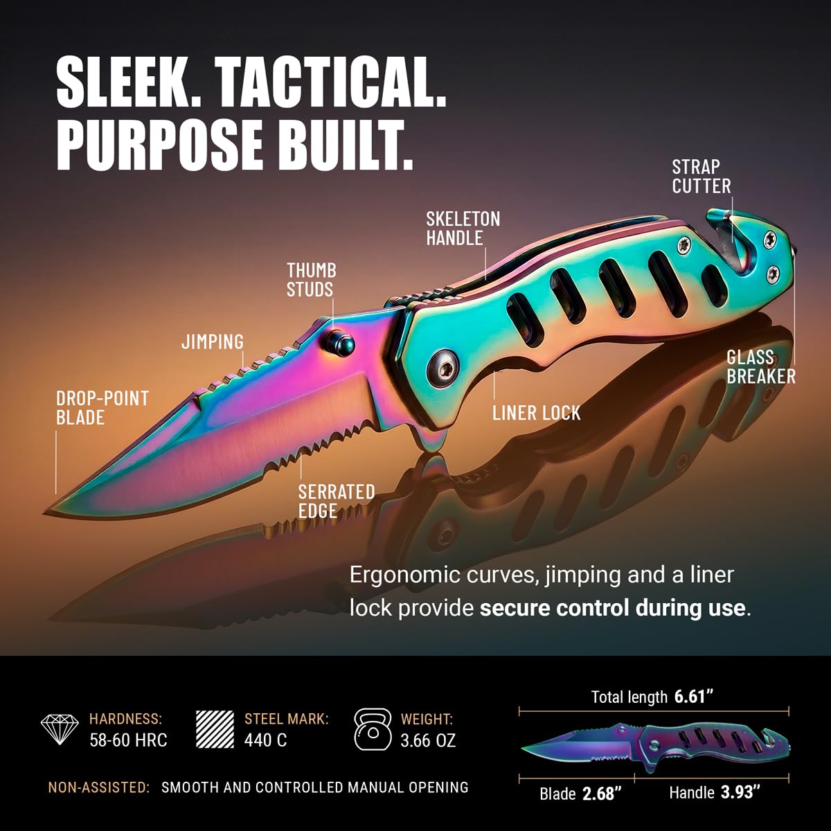 Legal Rainbow Pocket Knife with Glass Breaker Seatbelt Cutter - 2.68 Inch Sharp Serrated Blade - Cute Small Folding Womens Knives for Self Defense EDC Camping - Birthday Gifts for Women - 6655 R