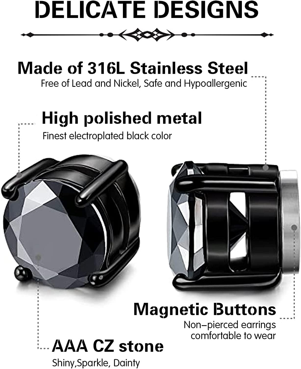 YZstyle 2 Pairs Stainless Steel Magnetic Stud Earrings for Men Women Non-piercing CZ Clip on CZ Earrings Hypoallergenic(Black + Silver)6MM-8MM (6MMBlack + Silver)