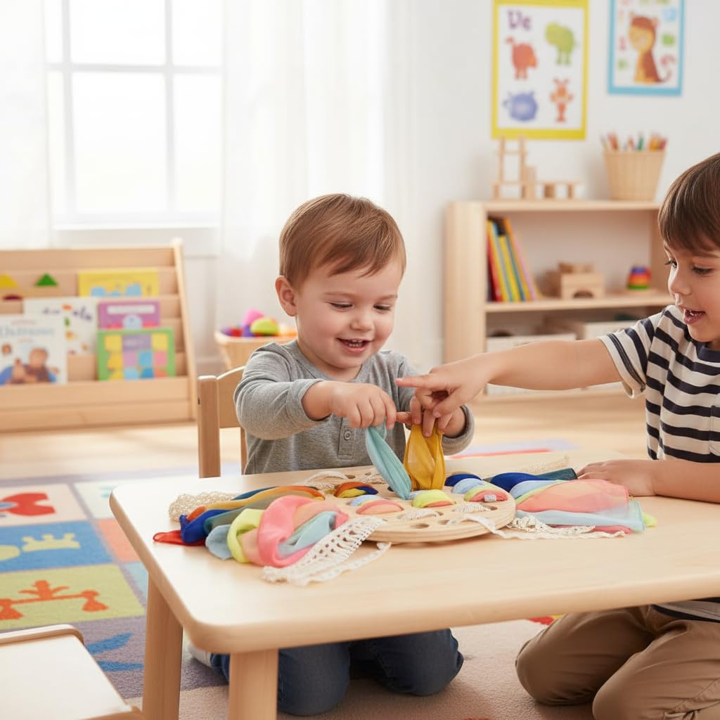 COTTOVE Wooden Lacing Toys Open Ended Busy Board with Play Silks Kid Weaving Board Handwork Preschool Loose Parts Montessori sensorial Materials 3-6 Years Montessori Practical Life