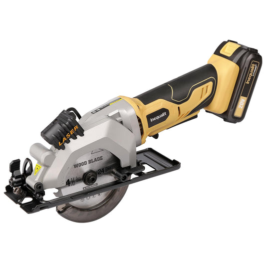 Inequalit 4-1/2 Inch Mini Circular Saw, 3400 RPM Cordless Circular Saw with Laser Guide, Rip Guides, 2 Blades (24T Wood + 60T Metal), Max Cutting Depth 1-11/16" (90°), 1-1/8" (45°)"