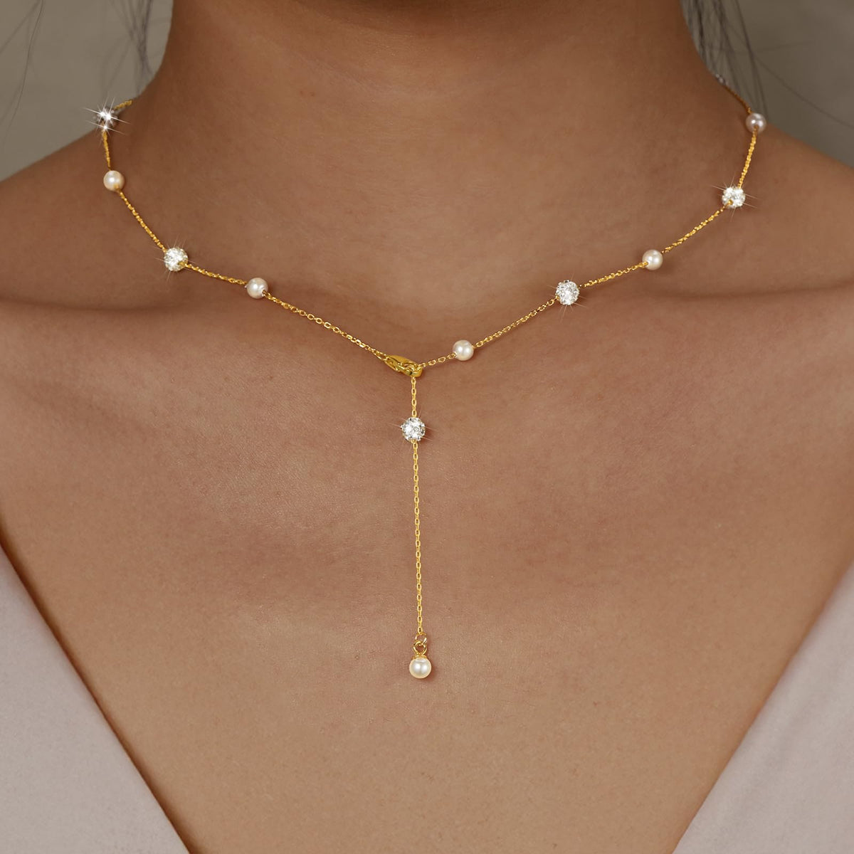 UTISUVIKO Lariat Necklace for Women,Dainty Long 14K Gold Plated Y-Shaped Pearl Necklace 925 Sterling Silver Cubic Zirconia Crystal Ball Sparkle Necklace for Mother Daughter Bride Wedding Jewelry