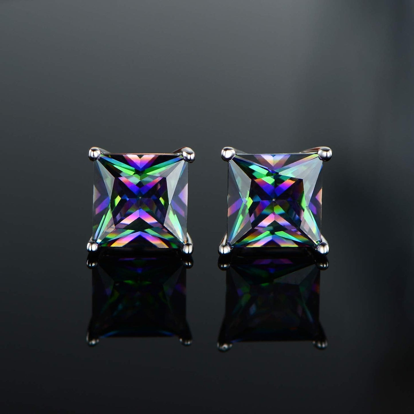 Mens Earrings 18K White Gold Plated Rainbow Quartz CZ 6mm Square Ear Pierced Gemstone Vintage Sparkle Studs Earings for Women Hypoallergenic Jewelry Birthday Valentines Gifts