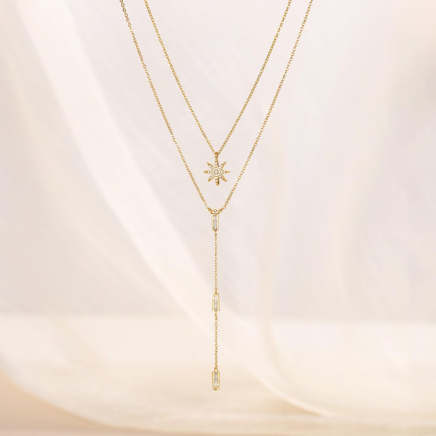 CHESKY 14K Gold Plated Long Necklace for Women North Star Layered Y Necklace Dainty Star Pendant Drop Stackble Necklace Trendy Jewelry
