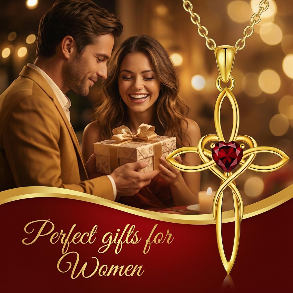 POIUY Celtic Knot Cross Birthstone Necklace for Women Dainty Irish Infinity Heart Pendant Cross Jewelry Anniversary Valentines Birthday Mothers Day Gifts for Mom Wife Her